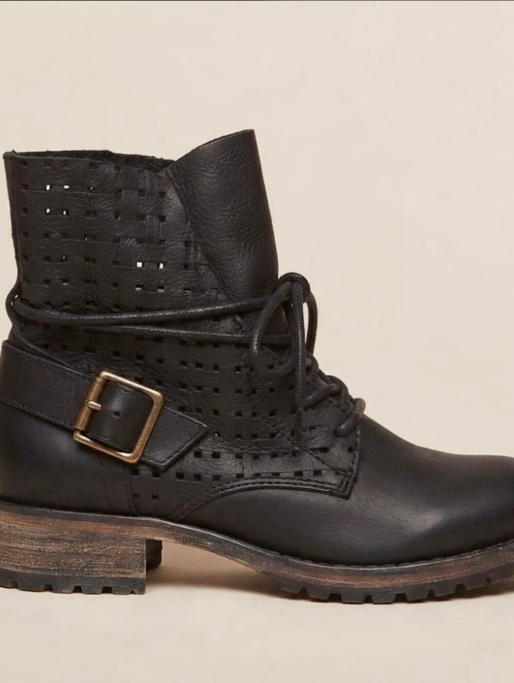 Jeffrey Campbell Black Perforated Lace-Up Ankle Boots with Buckle Size 39